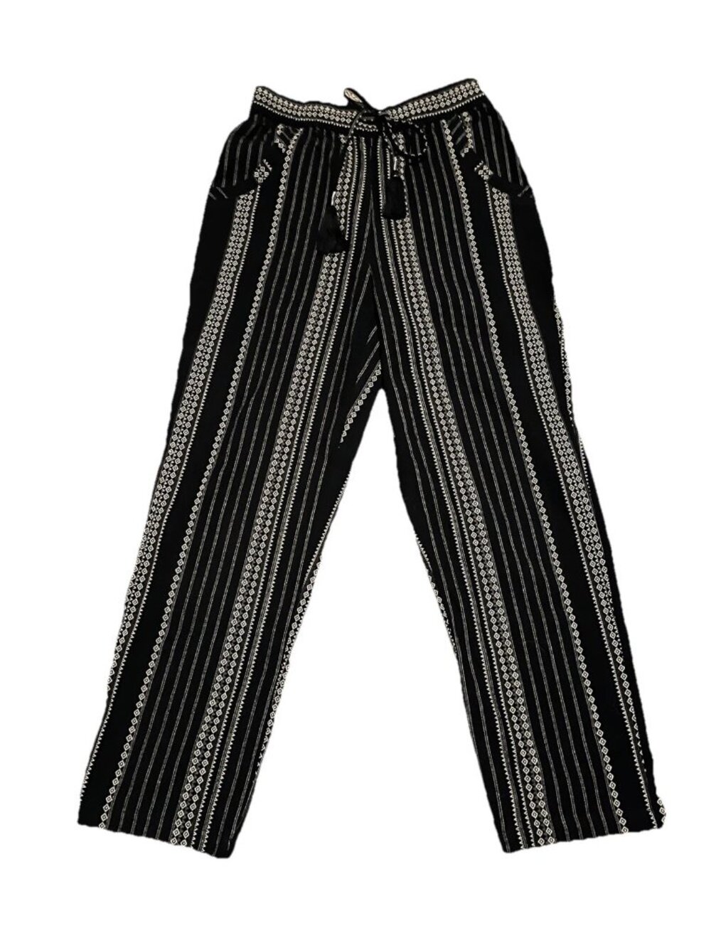By Anthropologie Pants Womens x-Small Black Stripe Tassel Drawstring Boho Casual